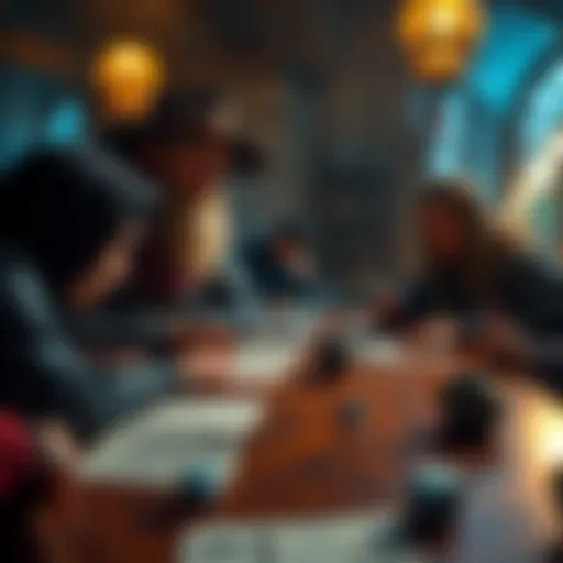 A Dungeon Master guides players through a fantasy game session, with dice and character sheets on the table.