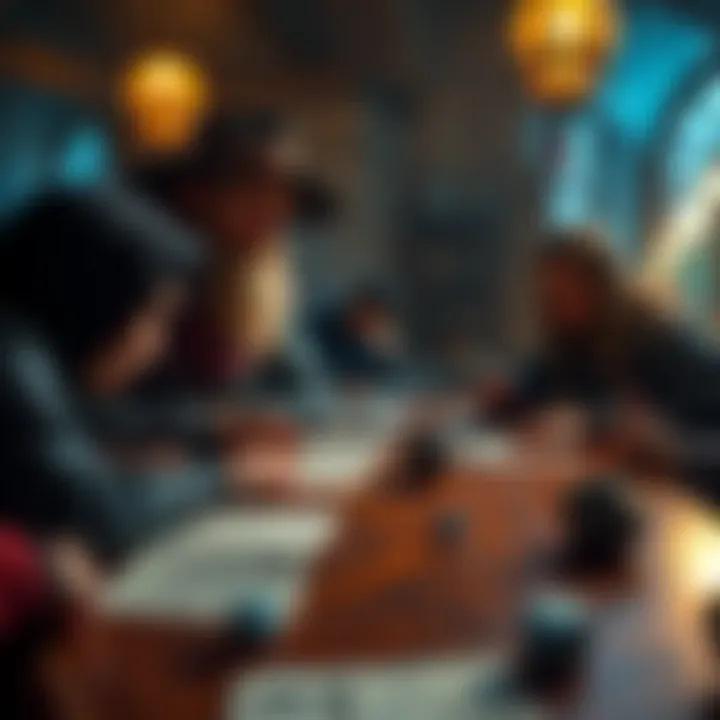 A Dungeon Master guides players through a fantasy game session, with dice and character sheets on the table.