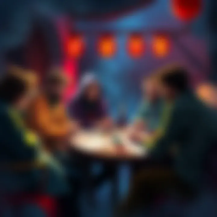 A group of people gathered around a table, engaging in a tabletop RPG session with dice and character sheets.