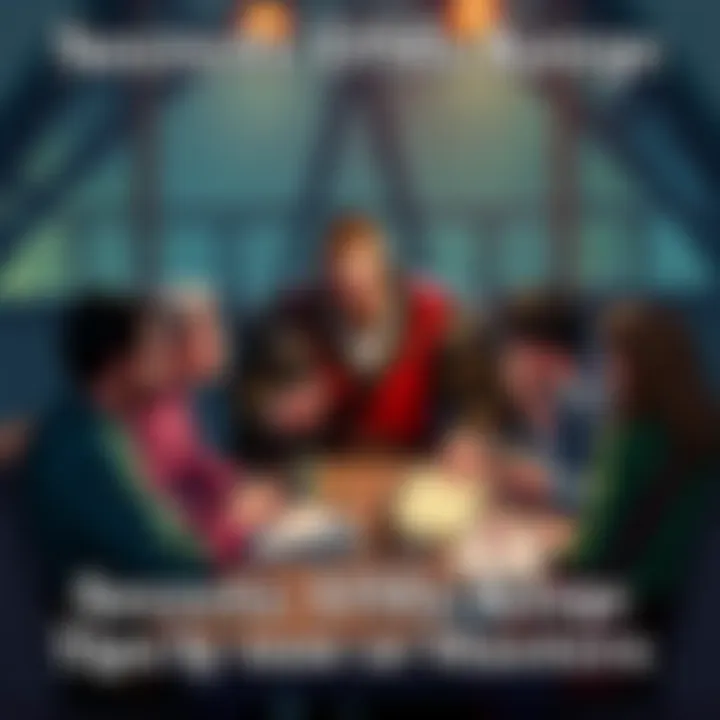 A Dungeon Master sitting at a table with dice and character sheets, explaining gameplay to excited players