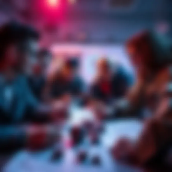 A group of Dungeon Masters sharing ideas on a Discord server, with dice and character sheets in the foreground.