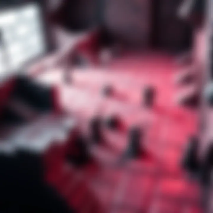 A tabletop scene showing modular foam dungeon tiles with miniature figures representing players, illustrating player movement in a dungeon setting.