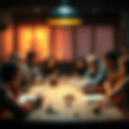 A group of friends gathered around a table playing Dungeons & Dragons, with character sheets, dice, and maps spread out.