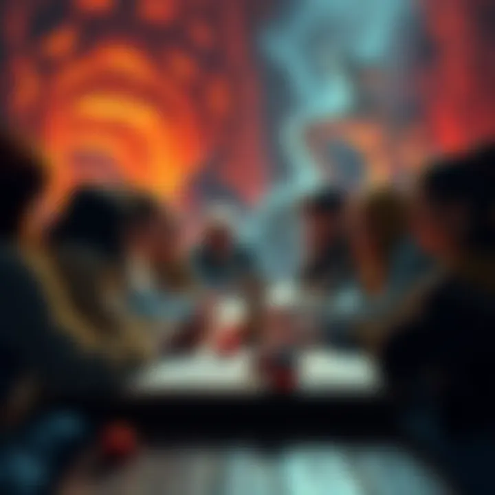 A group of people gathered around a table, playing Dungeons & Dragons with dice and character sheets.