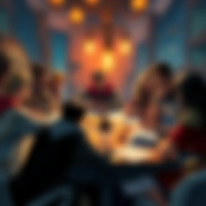 Dungeons & Dragons Game Scene A group of friends around a table playing Dungeons & Dragons, with dice and character sheets spread out, discussing their game.