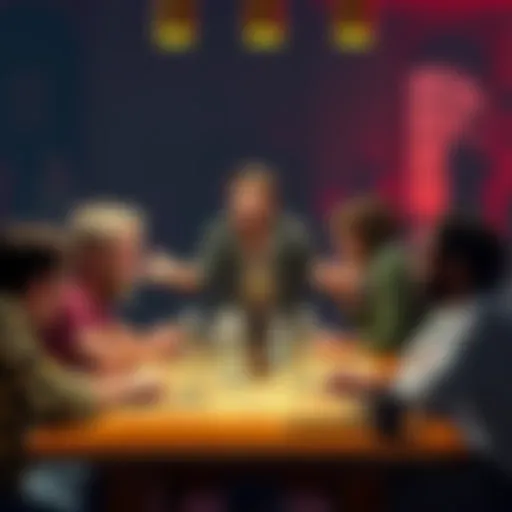 A group of friends gather around a table, discussing character backstories and campaign lore in a Dungeons and Dragons game session.