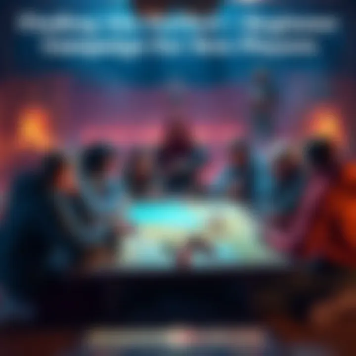 A tabletop gaming scene with players gathered around a map and dice, planning their adventure in a fantasy world