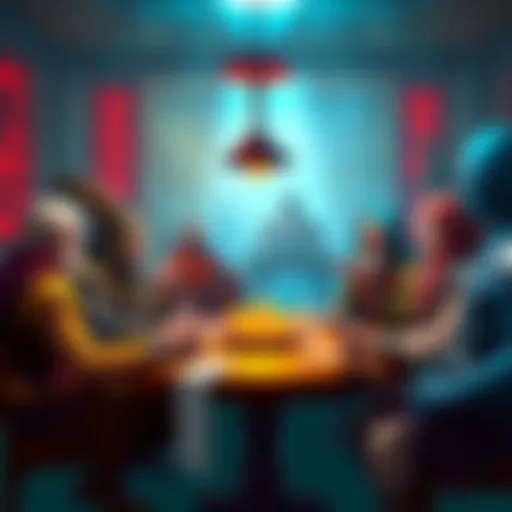 A group of Dungeons & Dragons players around a table, debating character classes and party composition