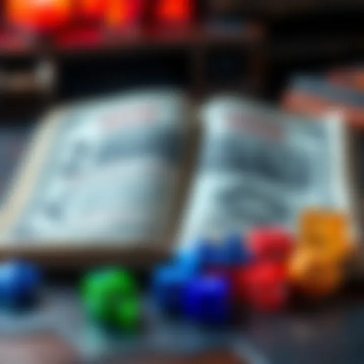 A Dungeons & Dragons rulebook open with colorful dice scattered around it, representing the game essentials.