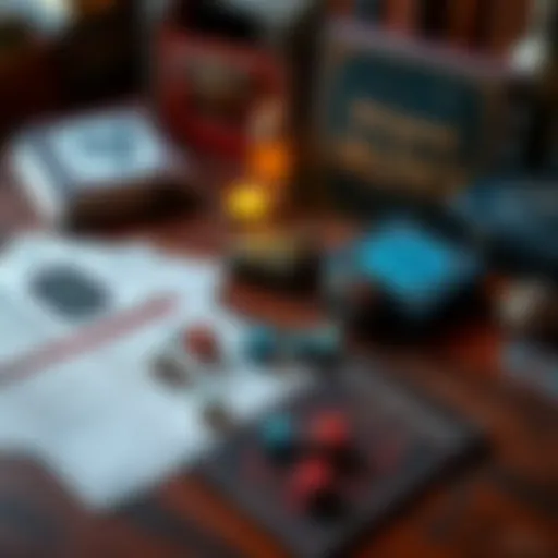 A tabletop with Dungeons and Dragons materials including dice, character sheets, and rulebooks for beginners to start playing.