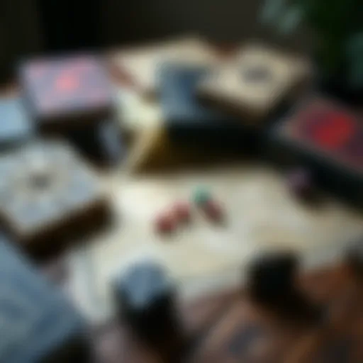 A collection of Dungeons and Dragons books, dice, and a map spread out on a wooden table, showcasing storytelling elements.
