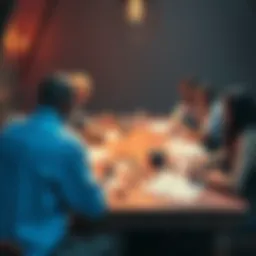 A group of people sitting around a table discussing character levels for a Dungeons and Dragons adventure, with dice and character sheets spread out