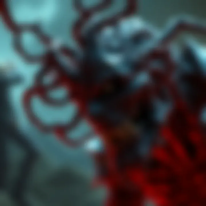 A close-up of Dunmire, an NPC showing dark tendrils symbolizing corruption, set against a game-like background.