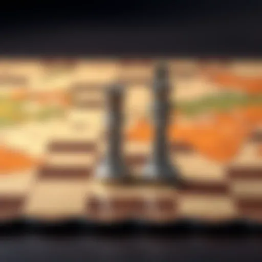 Two rook pieces positioned on a game board, demonstrating the duo rooks strategy. The board has various maps and tactical elements shown around them.