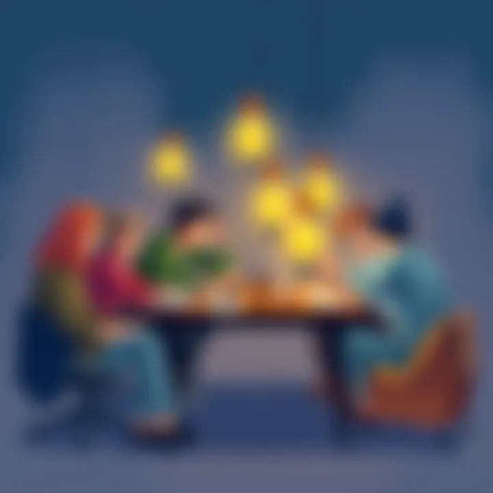 Illustration showing diverse people collaborating creatively around a table with bright ideas represented by light bulbs