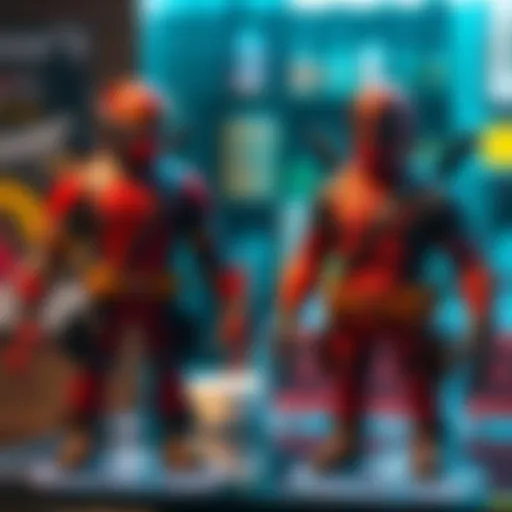 Two similar collectible figures of Antman and Deadpool side by side, showcasing their distinct designs and branding