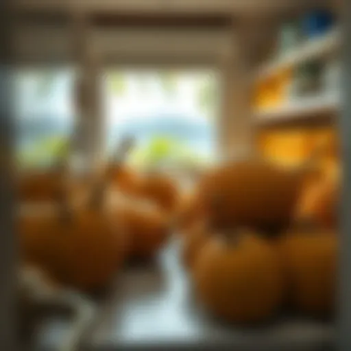 A pantry filled with durians on Ambrose Island, showing their spiky exterior and distinctive yellow fruit, with a tropical setting visible through a window.