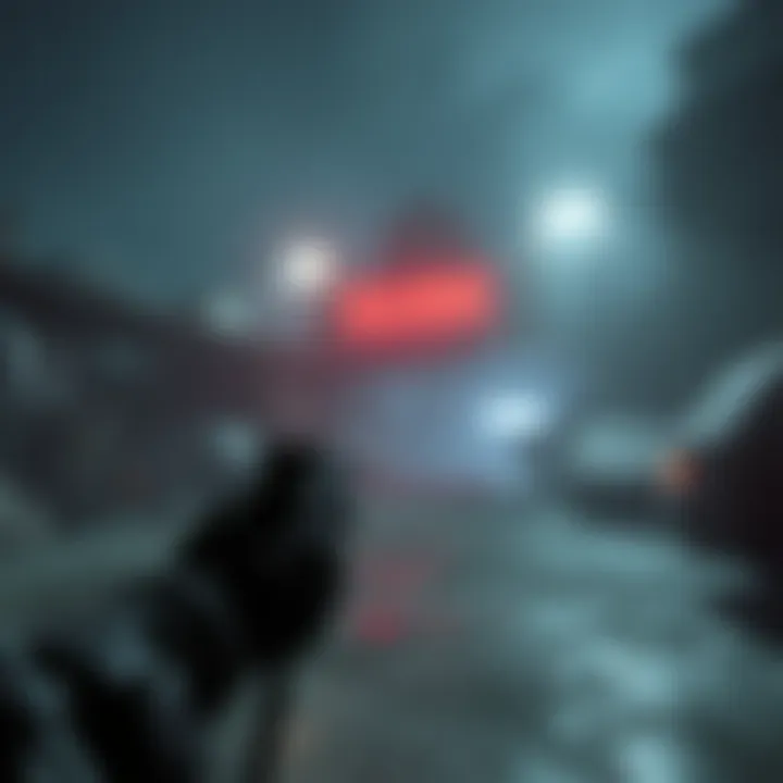 A screenshot from the FPS game Dusk showing a dark, atmospheric environment with a character holding a weapon.