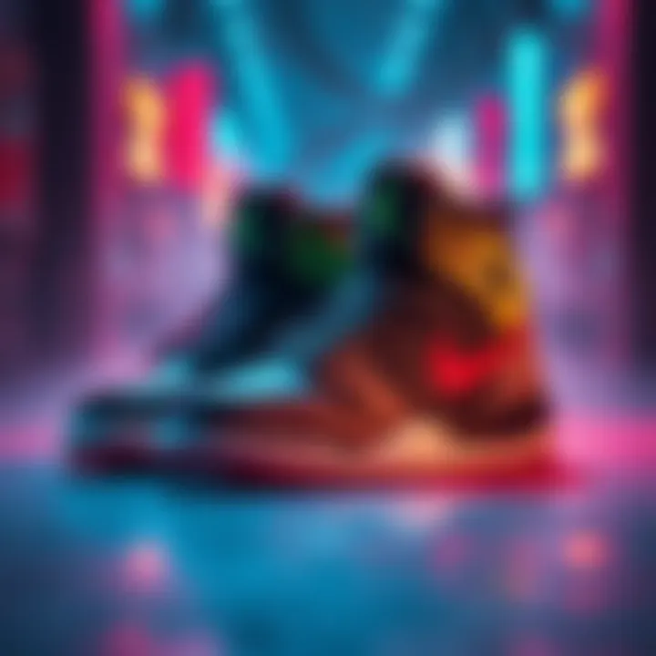 A pair of JORDANS featuring DUSK enemy designs with bold colors and unique patterns, highlighting the fusion of gaming and sneaker culture.