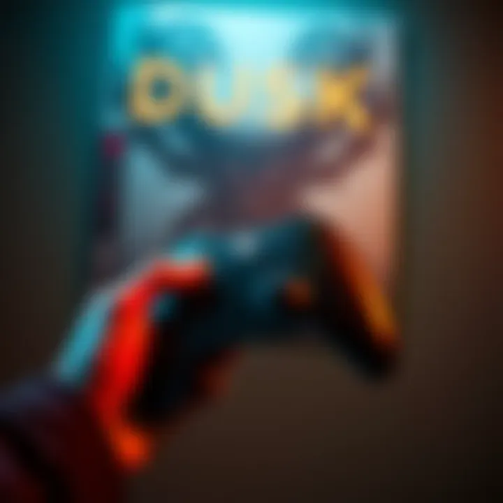 A player excitedly holding an Xbox controller with a Dusk game poster in the background, signaling the game's release.