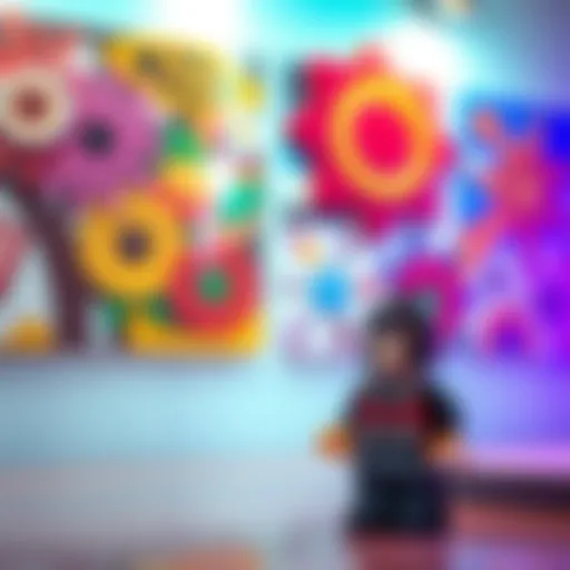 A colorful dust jacket repurposed as wall art with vibrant designs and a LEGO figure of Tomio in the foreground