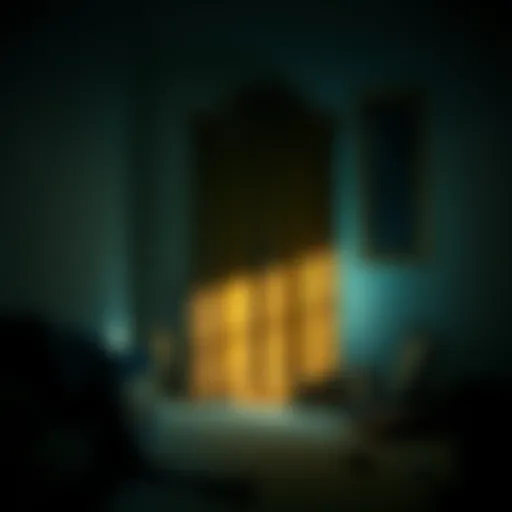 A dusty wardrobe stands in a dimly lit room, surrounded by scattered clothing and mysterious shadows.
