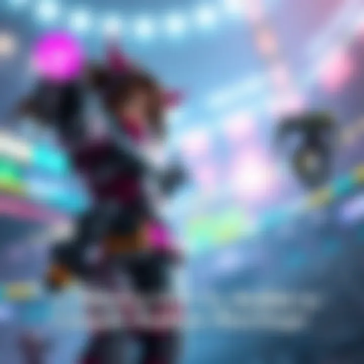 D.Va character engaging in a competitive match, showcasing her mech and skills while facing off against popular characters in a vibrant stadium setting