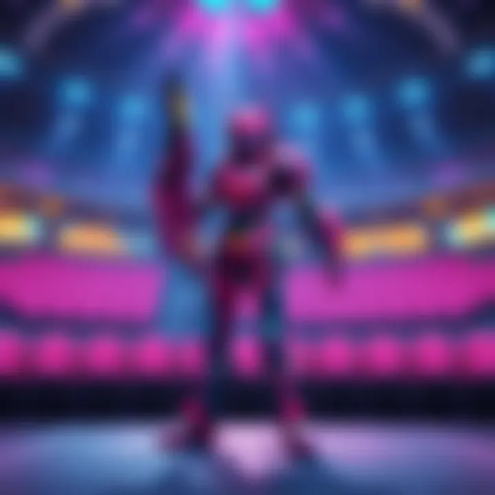 D.Va in a gaming arena D.Va character in a colorful, futuristic mech suit standing alone on a gaming stage with empty seats in the background, highlighting her rare presence in recent matches.