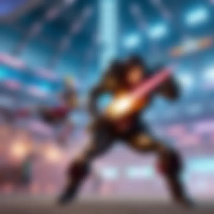 D.Va battling in a gaming arena A gaming character D.Va in a mech suit engaged in combat in a vibrant stadium setting