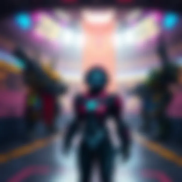 DVA Character in Game Environment A DVA character stands sadly in a futuristic stadium setting, showing signs of frustration as Zarya and Reinhardt dominate the scene.