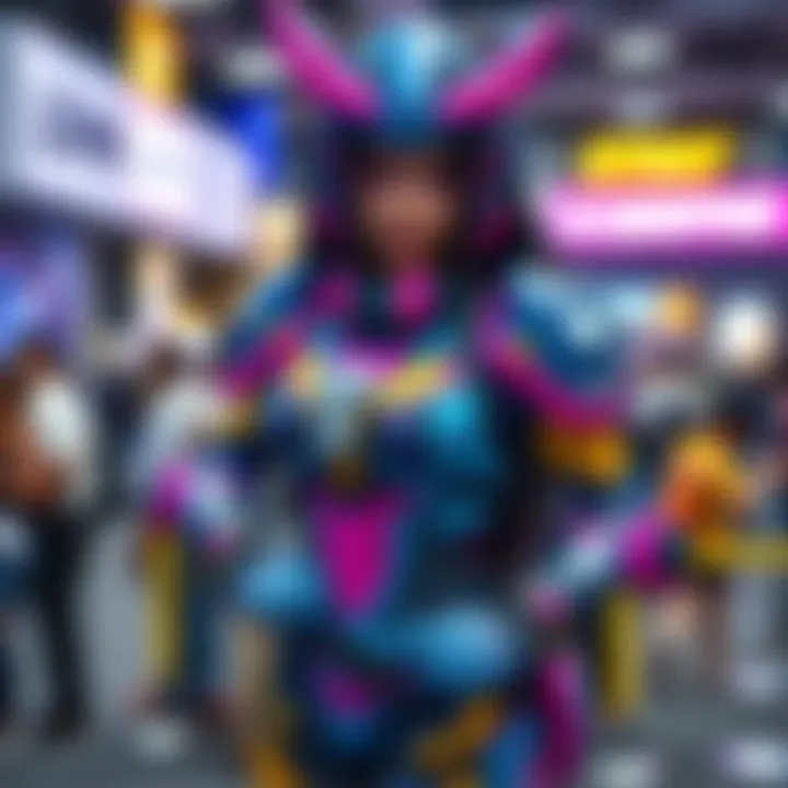 A person dressed as D.Va, a character in a colorful mech suit, posing confidently at a convention. The costume is detailed with vibrant colors and accessories, showcasing the maker's craftsmanship.