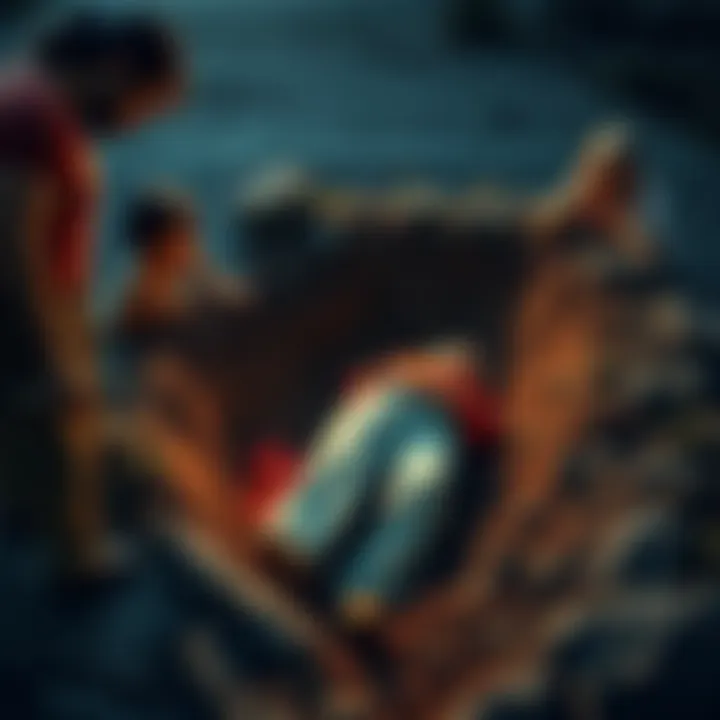 A somber scene showing a person lying in a ditch, surrounded by concerned members of the community, reflecting sorrow and shock.