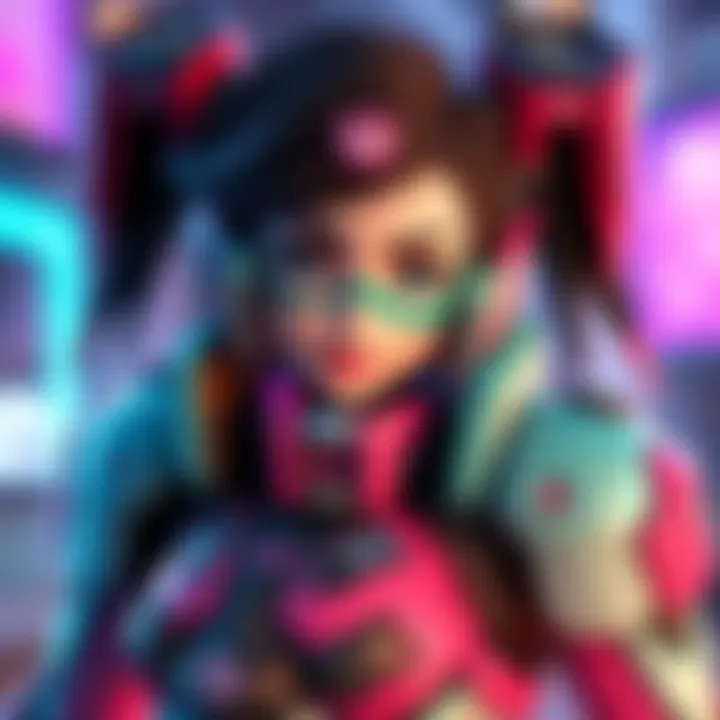 A cheerful character wearing a futuristic mech suit with pink and teal colors, showcasing a stylish skin from Overwatch.