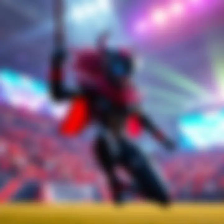 Dva character performing in a stadium setting with vibrant lights and cheering crowd