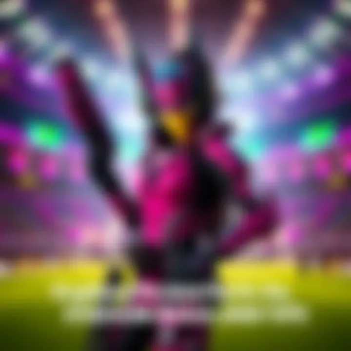 D.Va character in a vibrant stadium, showing off weapon upgrades and build strategies