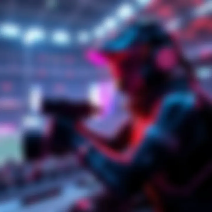 DVA character engaging in gameplay at a competitive stadium setting, showcasing strategies and game tactics