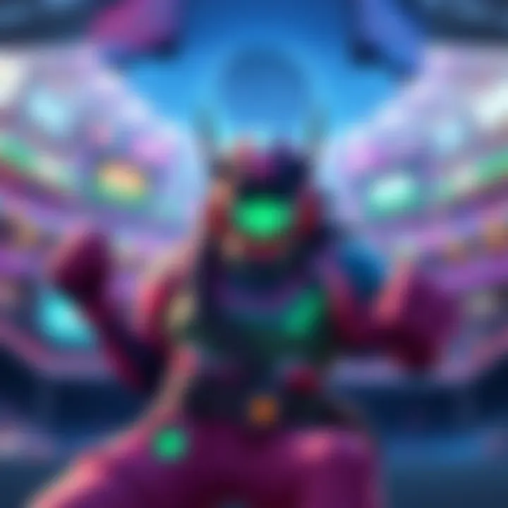 A player using Dva character in a colorful stadium setting, showcasing powerups and items during a game break.