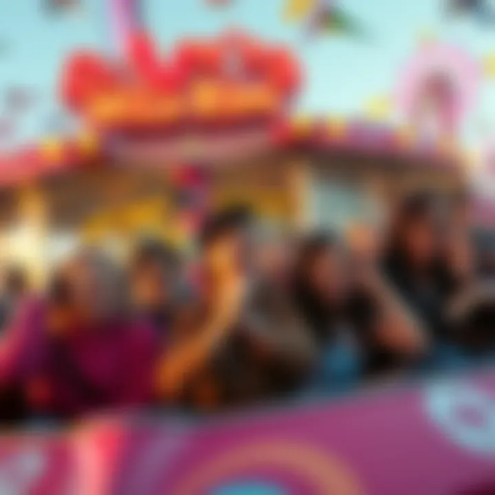 A group of people looking stressed and overwhelmed on a chaotic amusement park ride, with vibrant colors and a sense of motion.