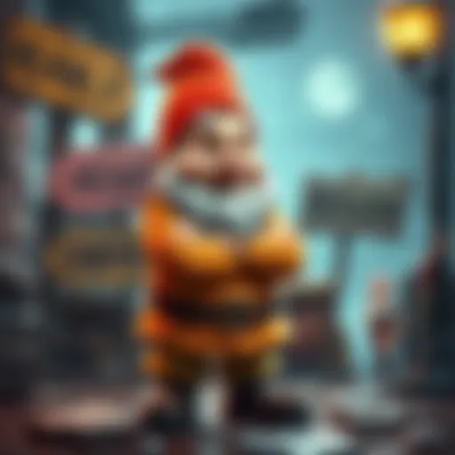 A dwarf character standing proudly with arms crossed, smiling, surrounded by humorous signs about height jokes in a fantasy setting