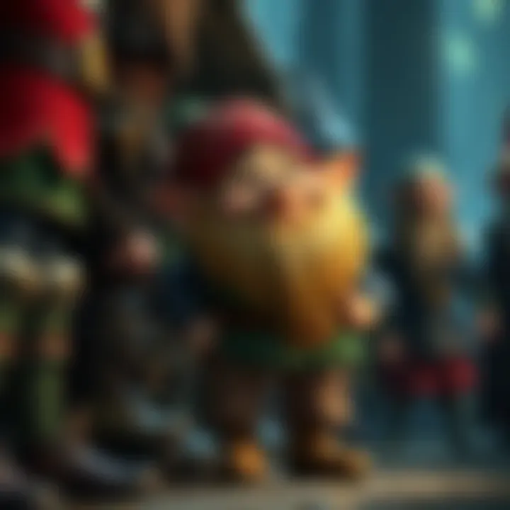 A dwarf standing confused among taller characters, mistaking himself for a human or elf, depicting humorous expressions.