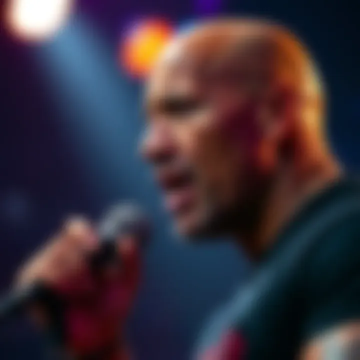 Dwayne Johnson Speaking into a Microphone Dwayne Johnson, also known as The Rock, passionately voice acting into a microphone for a show