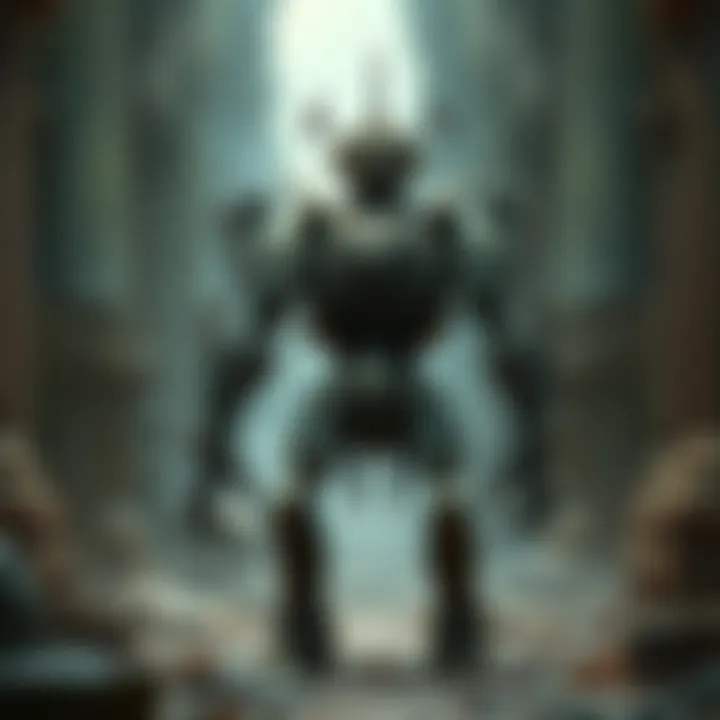 Dwemer Automaton A Dwemer Automaton in a fantasy setting, showcasing its gears and mechanical features, standing in an ancient ruins environment.