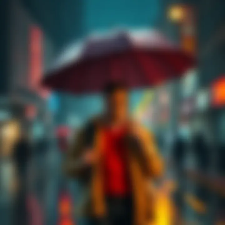 A man named Dwight walks with an umbrella in the rain, looking reflective and pensive as droplets fall around him.