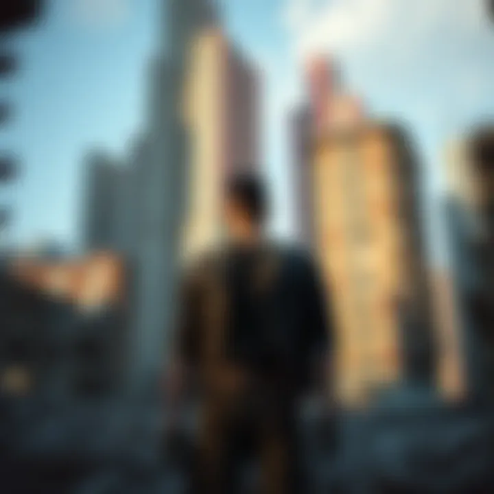 Dying Light character in an urban setting A character from Dying Light stands in a decaying city, looking conflicted among ruined buildings and shadows, representing the game's narrative struggles