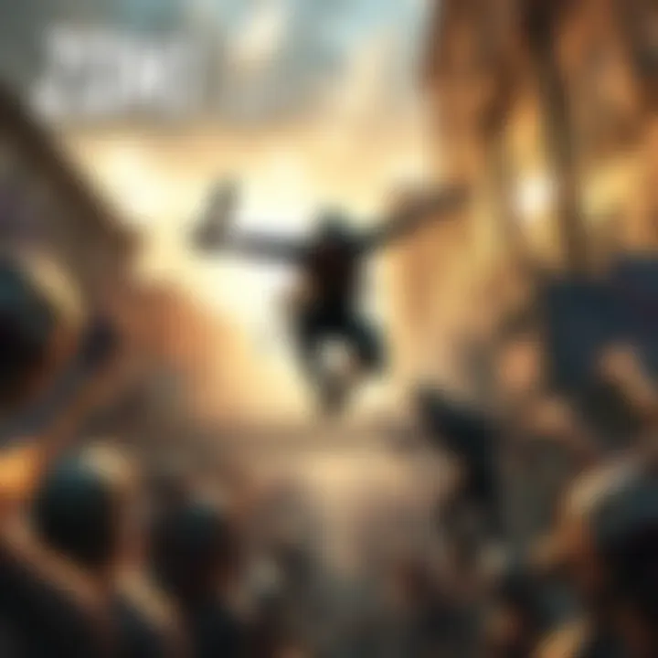 A parkour character evading zombies in a post-apocalyptic city environment