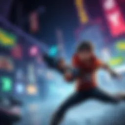 Concept art showing Dylan in a dynamic gaming environment, highlighting his story and character design