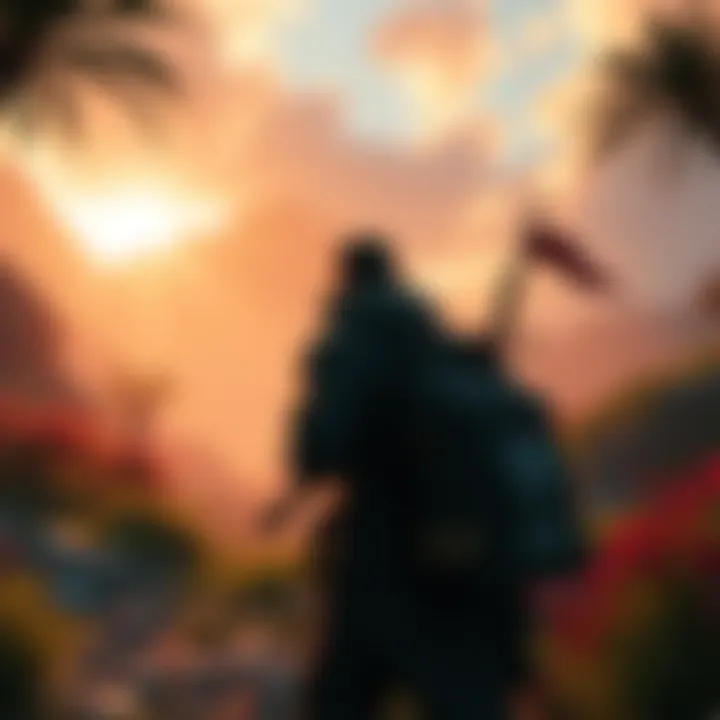 Dynamic Cutscene in Game A dynamic cutscene showing a character in a vibrant game world, reacting to changes in time of day and environment, enhancing player immersion.