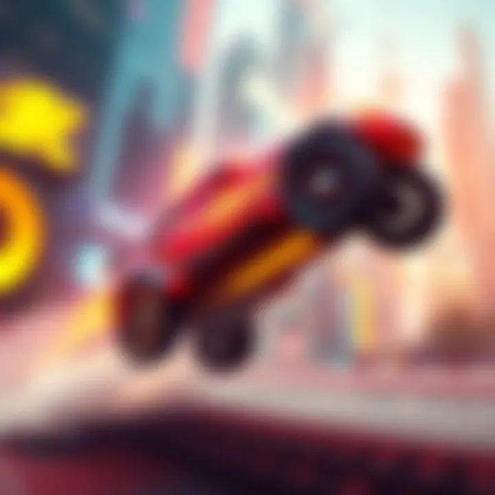 Dynamic Jump in Fast Fusion A vehicle performing a dynamic jump showcasing the new jump feature in Fast Fusion, with vibrant graphics in the background.