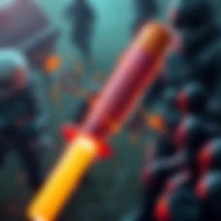 Dynamic Weapon Map Design A game map showing various weapons available at each round, including a bat and a nitro fist, with players in action