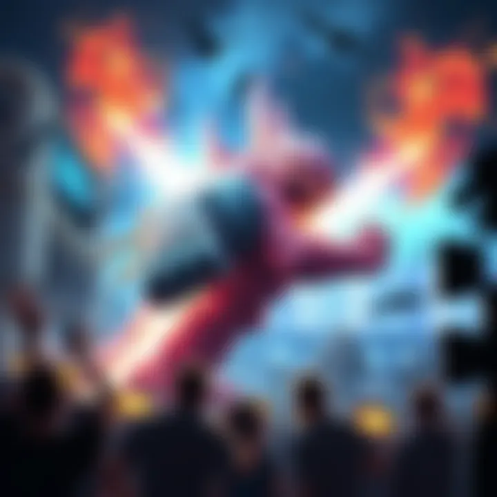 An intense scene showing a video game boss unleashing a powerful attack with vibrant effects and dramatic lighting, captivating the players watching the action.